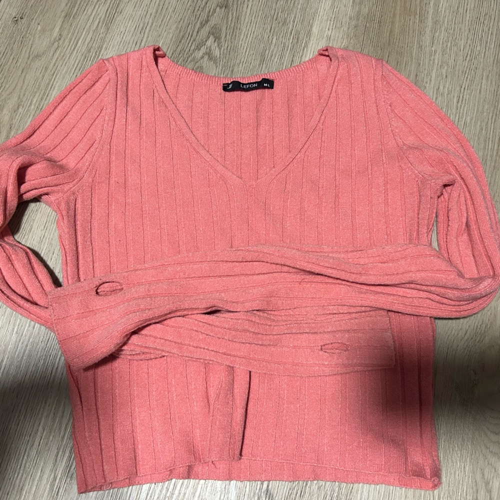 Coral Ribbed Knit Sweater with Scarf